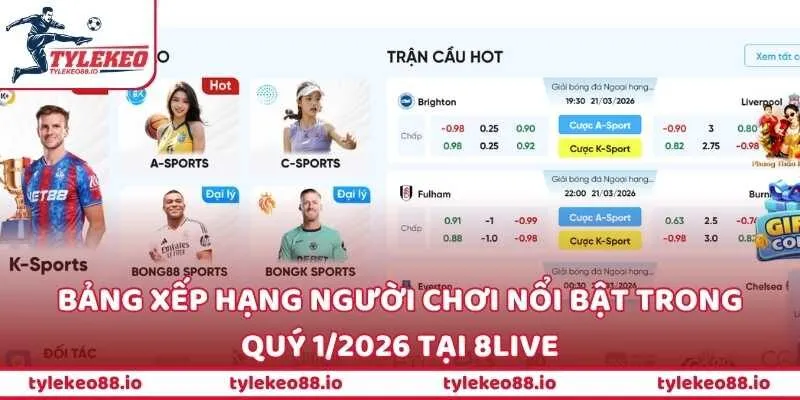 Bảng xếp hạng người chơi nổi bật trong quý 1/2026 tại 8LIVE